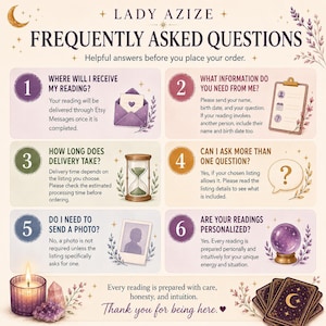 May include: An informational graphic titled LADY AZIZE FREQUENTLY ASKED QUESTIONS with six numbered sections. It features illustrations of an envelope, clipboard, hourglass, question mark, photo, and crystal ball, plus a candle and tarot cards.