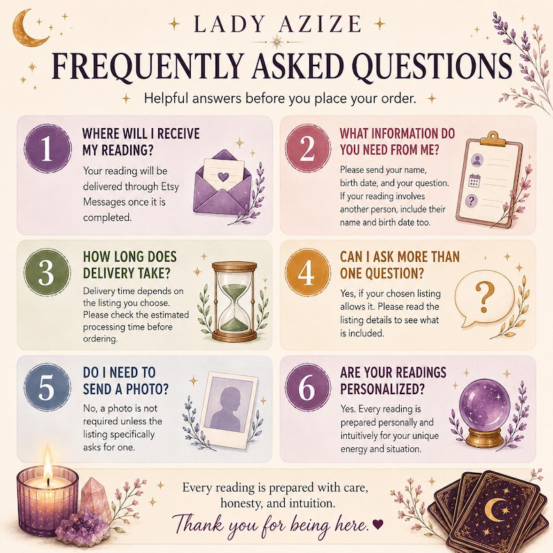 May include: An informational graphic titled LADY AZIZE FREQUENTLY ASKED QUESTIONS with six numbered sections. It features illustrations of an envelope, clipboard, hourglass, question mark, photo, and crystal ball, plus a candle and tarot cards.