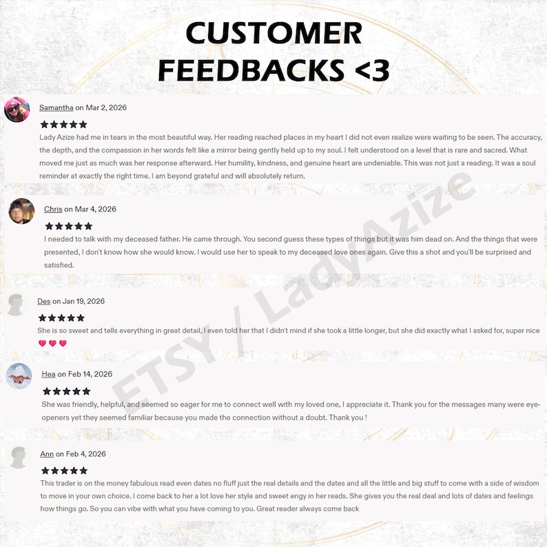 May include: A digital graphic displaying customer feedback with the heading CUSTOMER FEEDBACKS <3. It features five individual reviews, each including a customer name, a date, a five-star rating, and a written testimonial regarding a reading service.