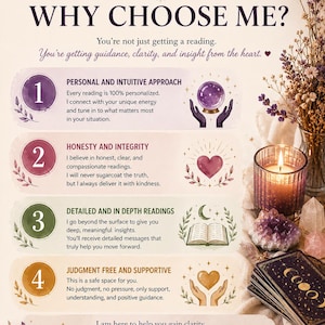 May include: An informational graphic titled LADY AZIZE WHY CHOOSE ME? featuring four numbered points about reading services. The design includes illustrations of a crystal ball, a heart, an open book, and a deck of tarot cards with a lit candle.