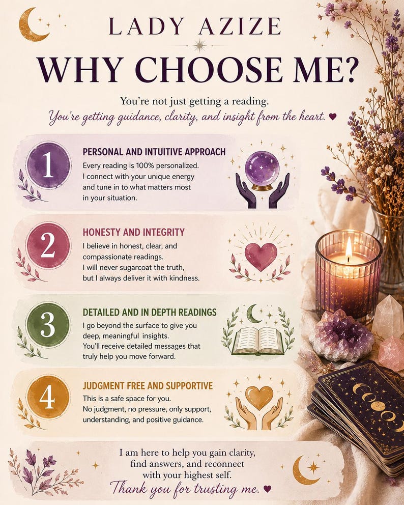 May include: An informational graphic titled LADY AZIZE WHY CHOOSE ME? featuring four numbered points about reading services. The design includes illustrations of a crystal ball, a heart, an open book, and a deck of tarot cards with a lit candle.