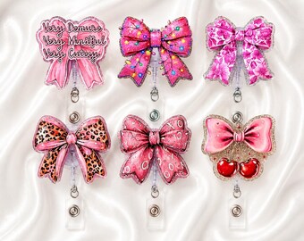 Cute Pink Bow Badge Reel Collection | Glitter Coquette Badge Holder | Girly Retractable Badge Reel