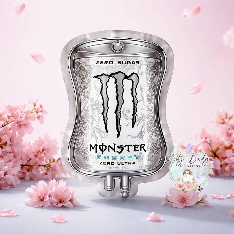 May include: A silver-toned, medical IV bag-shaped novelty item featuring the black Monster Energy logo, the text ZERO SUGAR, and ZERO ULTRA. The design includes intricate grey filigree patterns on a white background with a metallic border.