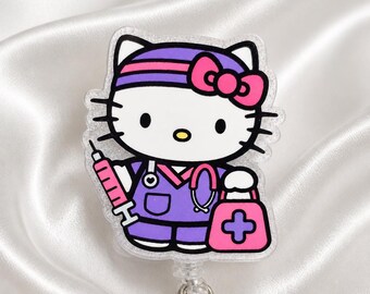 Glitter Nurse Kitty Badge Reel | Pink & Purple Medical Badge Holder | Glitter Retractable ID Reel | CNA Nurse Gift | Healthcare Accessory