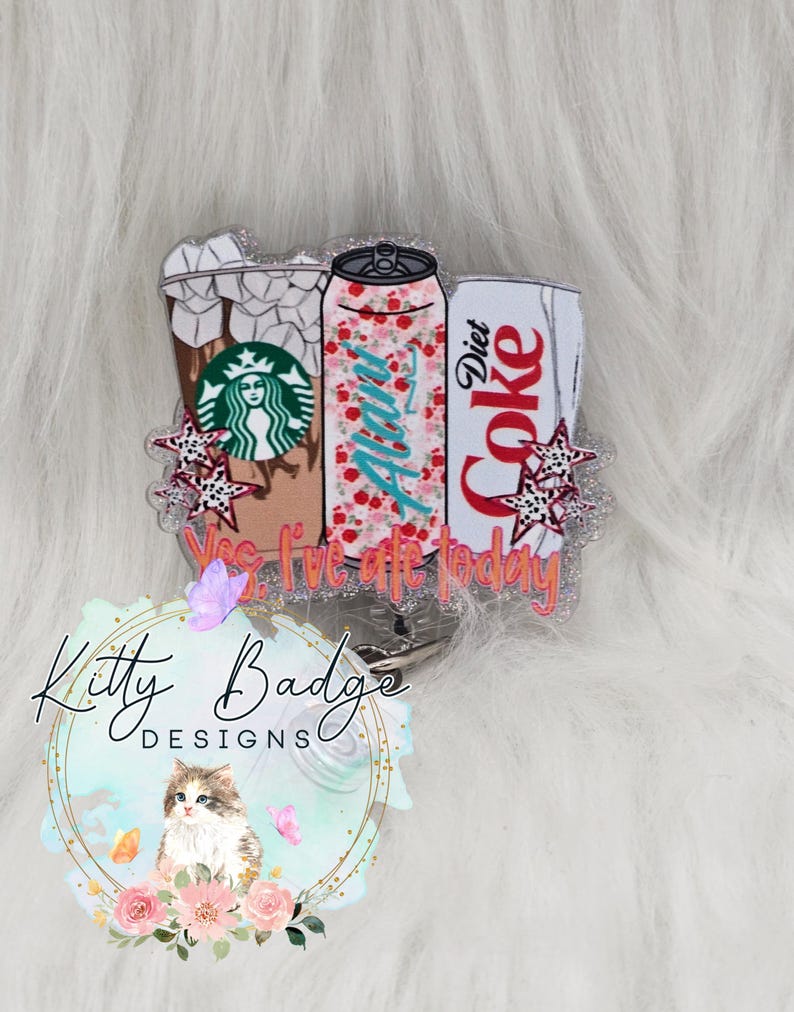 Yes, I’ve Ate Today Badge Reel | Cute Coffee & Energy Drink Badge Holder | Funny Nurse Badge Reel | Glitter Acrylic ID Holder image 13