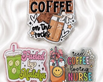 Cute Coffee Lover Badge Reel Glitter Nurse Badge Holder | Matcha & Iced Coffee Accessories