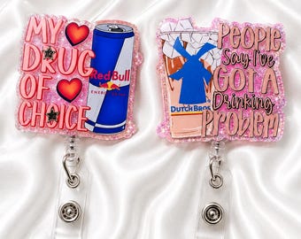 Pink Glitter Energy Drink Badge Reel | Funny Coffee Lover Badge Holder | Acrylic Retractable Nurse Badge Reel | Cute Work ID Clip