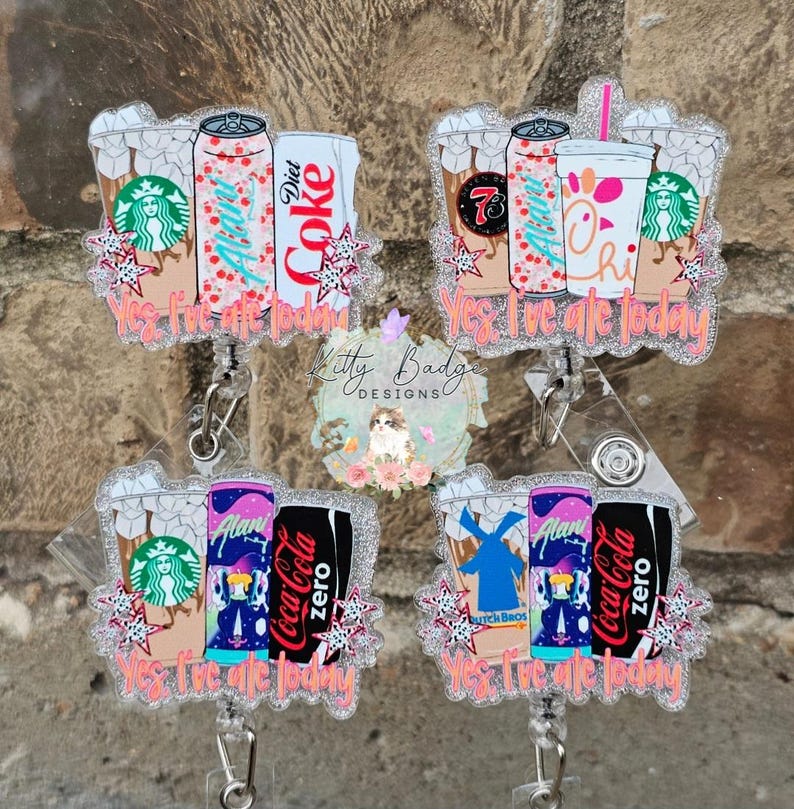 Yes, I’ve Ate Today Badge Reel | Cute Coffee & Energy Drink Badge Holder | Funny Nurse Badge Reel | Glitter Acrylic ID Holder image 6