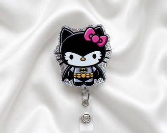 Superhero Kitty Inspired Badge Reel | Cute Glitter Retractable ID Holder | Comic Hero Nurse Badge Reel | Kawaii Medical Staff Accessory