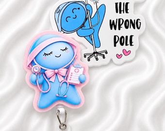 Glitter Funny Nurse Badge Reel | “Working the Wrong Pole” Badge Holder | Cute Healthcare Retractable ID Reel | CNA RN Medical Worker Gift