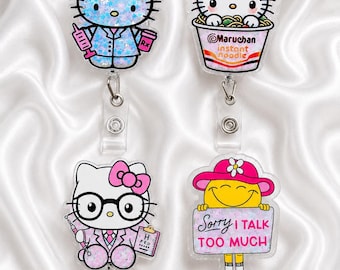 Cute Shaker Badge Reel Bundle, Glitter Nurse Kitty Badge Reel, Noodle Lover Badge Holder, Eye Care Kitty Retractable ID Clip