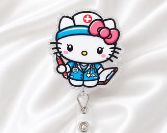 Glitter Nurse Cat Badge Reel, Rhinestone Medical Assistant ID Holder