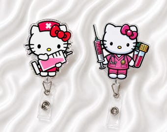 Glitter Pink Nurse Kitty Badge Reel | Glitter Acrylic Medical Badge Holder | Nurse Gift | Retractable ID Badge Clip | Lab Tech Accessory