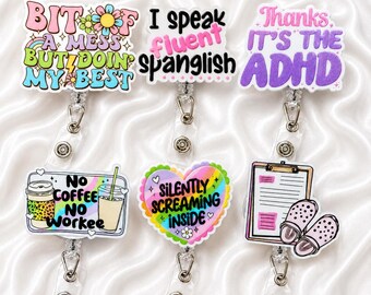 Funny Nurse Badge Reel Bundle | Cute Retractable Badge Holders | ADHD Badge Reel | Coffee Badge Clip | Healthcare Worker Accessories
