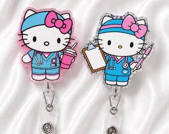 Glitter Nurse Kitty Badge Reel | Glitter Medical Badge Holder | Pink & Blue Scrub Retractable ID Reel | Healthcare Worker Gift |