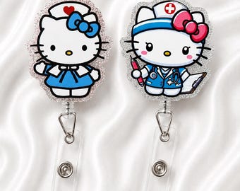 Glitter Nurse Cat Badge Reel, Rhinestone Medical Assistant ID Holder