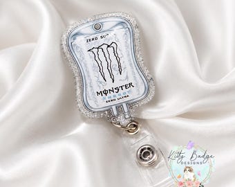 White Energy Drink IV Bag Badge Reel | Glitter Acrylic Badge Holder | Funny Nurse Badge Reel | Retractable ID Clip | Healthcare Worker Gift