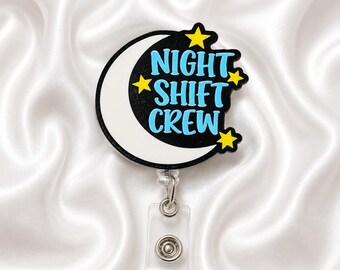 Night Shift Crew Badge Reel | Cute Nurse Badge Holder | Moon & Stars Retractable ID Reel | Healthcare Worker Accessory