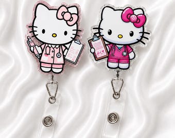 Glitter Pink Nurse Kitty Badge Reel Set | Glitter Medical ID Holder | Retractable Badge Clip for Nurses, CNA, RN & Healthcare Workers