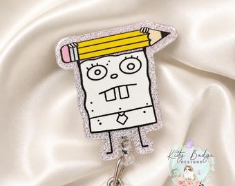 Funny Doodle Pencil Badge Reel – Cute Teacher Badge Holder – Glitter Acrylic Retractable ID Reel – School Staff & Nurse Badge Clip