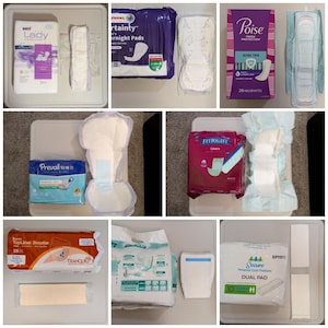 May include: Assorted packages of feminine hygiene products and incontinence pads are displayed. Brands include Seni Lady, Poise, Prevail, Tranquility, and Secure. The products vary in size and absorbency, with some labeled as ultra-thin or overnight.