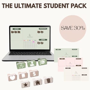 Puede incluir: Un ordenador portátil que muestra un organizador de escritorio con iconos de carpeta etiquetados como "Work", "Personal" y "Apps". La imagen también muestra iconos de carpeta físicos y un gráfico "Save 30%". El texto en la parte superior dice "THE ULTIMATE STUDENT PACK".
