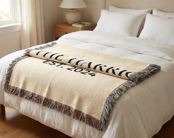 Custom Woven Blanket with Est Date, Personalized Wedding Gift for Couple, Cotton Anniversary Throw, Heirloom Family Name Tapestry