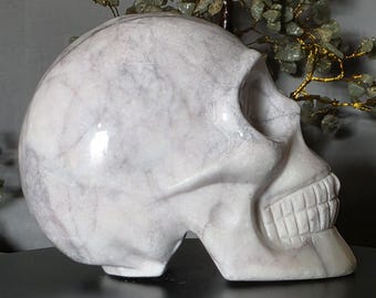 Cráneo de magnesita tallada: decoración de cristal blanco y gris