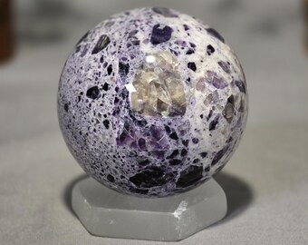 Root fluorite sphere with with rainbows on selenite stand