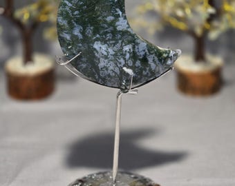 Green moss agate moon on stand