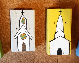 Hand painted church on wood block