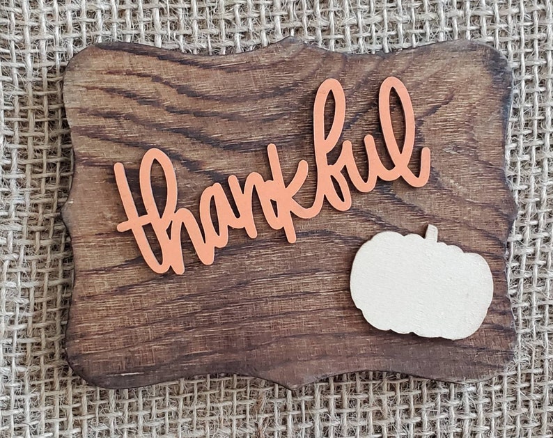 May include: A wooden sign with the word "thankful" in orange letters and a white pumpkin cutout. The sign has a rustic wood grain finish.