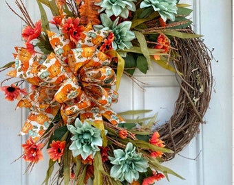 Mint & Orange Fall Pumpkin Wreath, Fall Wreath, Autumn Wreath