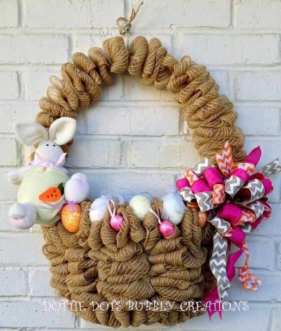 Items similar to 3D Faux Jute Burlap Easter Bunny Basket Mesh Wreath
