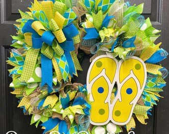 Blue & Yellow Spring /Summer Flip Flop Wreath, Flip Flop Wreath, Spring Wreath, Summer Wreath