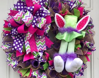 Easter Easter Bunny Jute Mesh Wreath, Top Hatter Bunny Wreath, Easter Wreath, Bunny Wreath