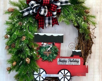 Buffalo Plaid Train Wreath, Plaid Wreath, Winter Wreath, Christmas Wreath, Holiday Wreath