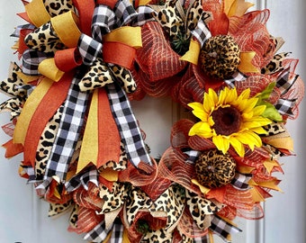 Orange Jute Mesh Sunflower Leopard Plaid Fall Wreath, jute mesh wreath, plaid wreath, Fall Wreath, Sunflower Wreath