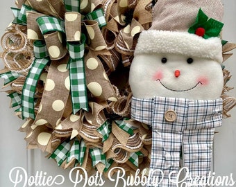 Natural Jute Mesh Plush Plaid Snowman Wreath, Snowman Wreath, Winter Wreath, Plaid Snowman, plaid Wreath, Snowman