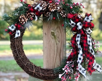 Cardinal Buffalo Plaid Grapevine Wreath, Buffalo Plaid Wreath, Grapevine Wreath