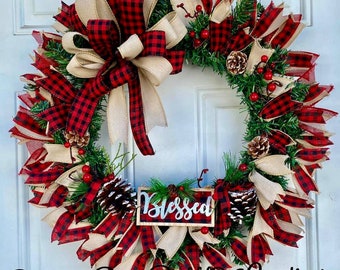 A Rustic Red Plaid Blessed Wreath, Plaid Wreath, Blessed Wreath,