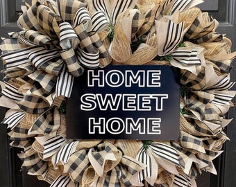 A Natural  & Black Plaid Everyday Home Sweet Home Wreath, Home Sweet Home, Everyday Wreath, Plaid Wreath, Jute Mesh Wreath