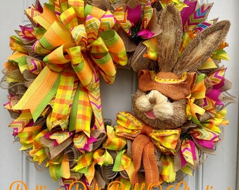 A Sisal Easter Bunny Wreath, Bunny Wreath, Sisal Bunny, Easter Wreath, Rabbit Wreath, Spring Wreath, Plaid Wreath