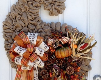 Autumn Fall, Thanksgiving Cornucopia, Horn of Plenty Burlap Wreath