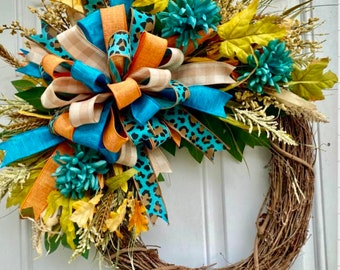 Teal & Orange Leopard Fall Floral Wreath, Fall Wreath, Floral Wreath, Leopard Wreath, Autumn Wreath