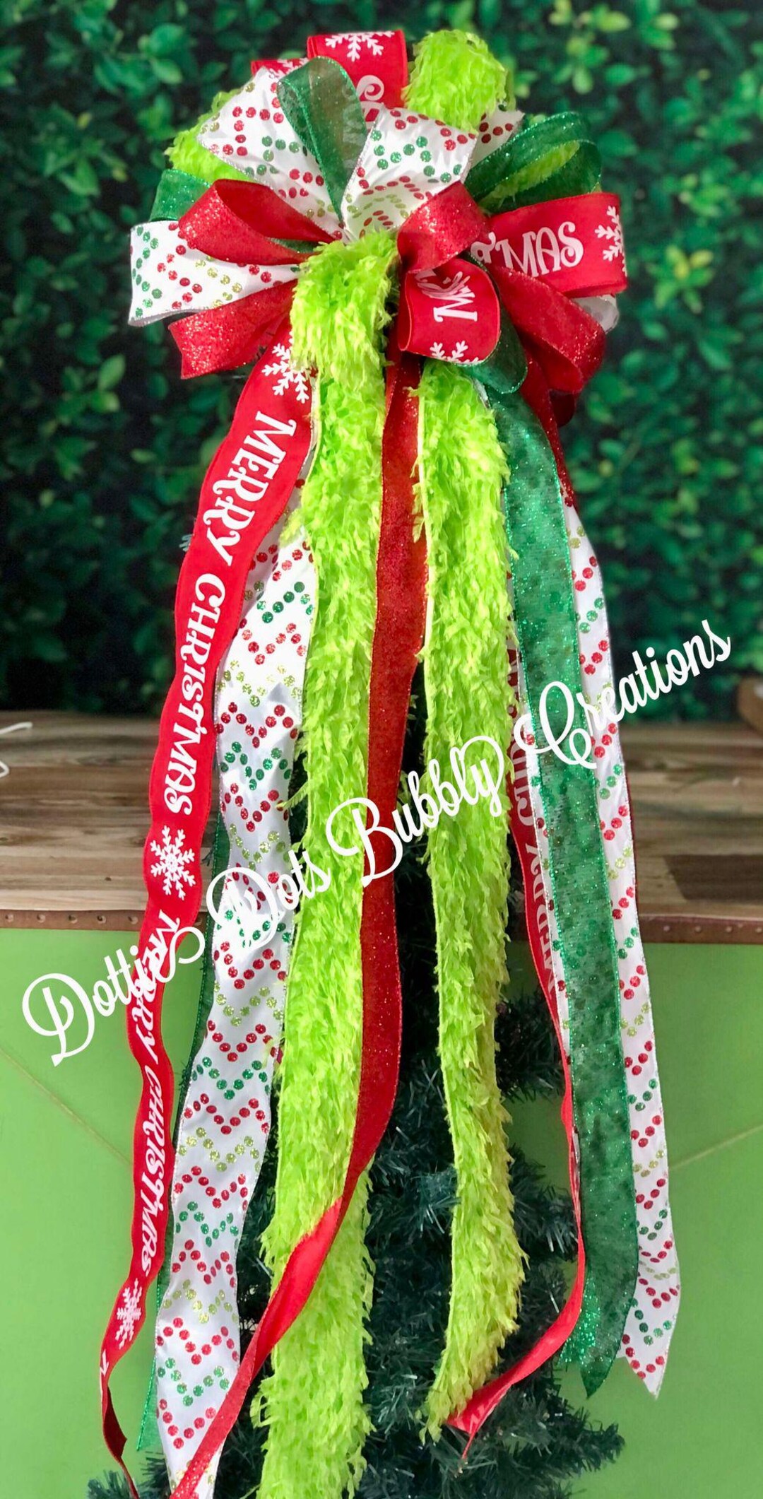Grinch Inspired Christmas Tree Topper Bow, Polka Dot Ribbon - Etsy
