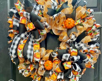 Orange & Black Plaid Double Bow Pumpkin Fall Wreath, Fall Wreath, Plaid Wreath, Pumpkin Wreath