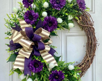 Purple & Natural Spring Summer Grapevine Floral Wreath, Spring Wreath, Summer Wreath, Floral Wreath, Grapevine Wreath,