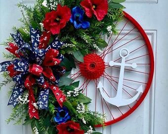 Up cycled Bicycle Rim, Bicycle Rim Wreath, Painted Bicycle Rim, Bike Rim, Patriotic Anchor Bike Rim