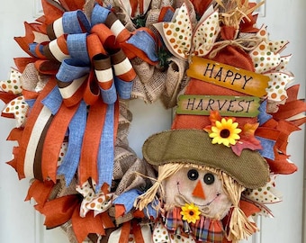 A Happy Harvest Burlap Scarecrow Fall Wreath, Scarecrow Wreath, Fall Wreath, Autumn Wreath, Burlap Jute Mesh Wreath, Jute Mesh